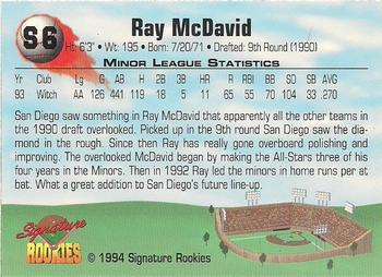 1994 Signature Rookies - Hottest Prospects Mail-In Promos #S6 Ray McDavid Back