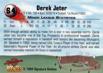1994 Signature Rookies - Hottest Prospects Mail-In Promos #S4 Derek Jeter Back
