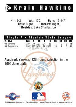 1994 Classic Best Tampa Yankees #12 Kraig Hawkins Back