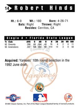 1994 Classic Best Tampa Yankees #14 Robert Hinds Back