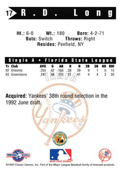 1994 Classic Best Tampa Yankees #17 R.D. Long Back