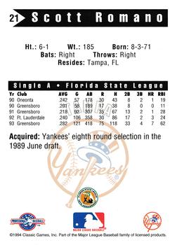1994 Classic Best Tampa Yankees #21 Scott Romano Back