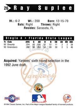 1994 Classic Best Tampa Yankees #26 Ray Suplee Back