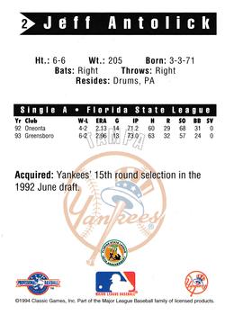 1994 Classic Best Tampa Yankees #2 Jeff Antolick Back