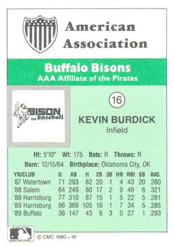 1990 CMC Buffalo Bisons #16 Kevin Burdick Back