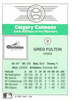 1990 CMC Calgary Cannons #9 Greg Fulton Back