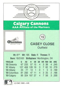 1990 CMC Calgary Cannons #19 Casey Close Back