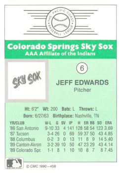 1990 CMC Colorado Springs Sky Sox #6 Jeff Edwards Back