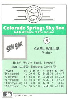 1990 CMC Colorado Springs Sky Sox #8 Carl Willis Back