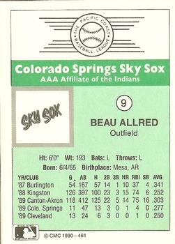 1990 CMC Colorado Springs Sky Sox #9 Beau Allred Back