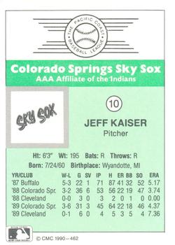 1990 CMC Colorado Springs Sky Sox #10 Jeff Kaiser Back