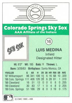 1990 CMC Colorado Springs Sky Sox #16 Luis Medina Back