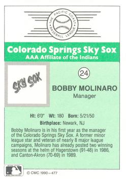 1990 CMC Colorado Springs Sky Sox #24 Bobby Molinaro Back
