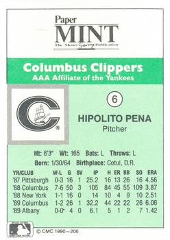 1990 CMC Columbus Clippers #6 Hipolito Pena Back