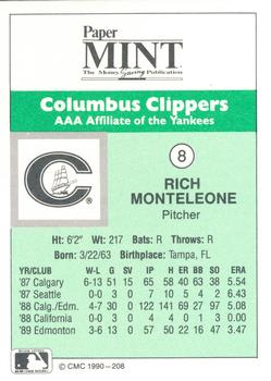 1990 CMC Columbus Clippers #8 Rich Monteleone Back