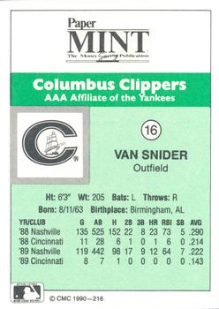 1990 CMC Columbus Clippers #16 Van Snider Back