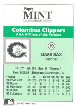 1990 CMC Columbus Clippers #19 Dave Sax Back