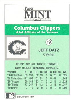 1990 CMC Columbus Clippers #27 Jeff Datz Back