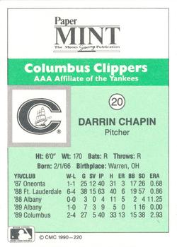 1990 CMC Columbus Clippers #20 Darrin Chapin Back