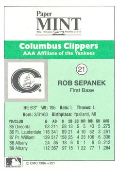 1990 CMC Columbus Clippers #21 Rob Sepanek Back
