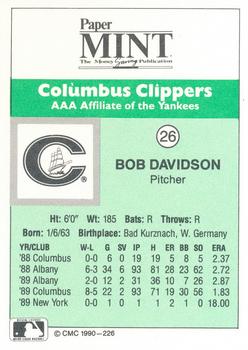 1990 CMC Columbus Clippers #26 Bobby Davidson Back