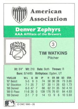 1990 CMC Denver Zephyrs #3 Tim Watkins Back