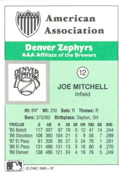 1990 CMC Denver Zephyrs #12 Joe Mitchell Back