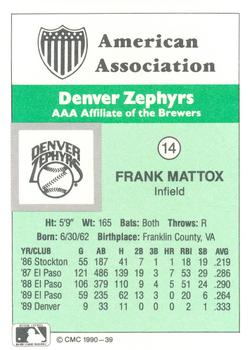 1990 CMC Denver Zephyrs #14 Frank Mattox Back