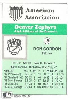 1990 CMC Denver Zephyrs #18 Don Gordon Back