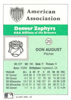 1990 CMC Denver Zephyrs #20 Don August Back