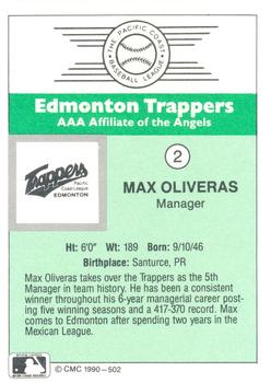 1990 CMC Edmonton Trappers #2 Max Oliveras Back