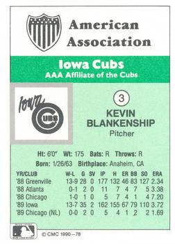 1990 CMC Iowa Cubs #3 Kevin Blankenship Back