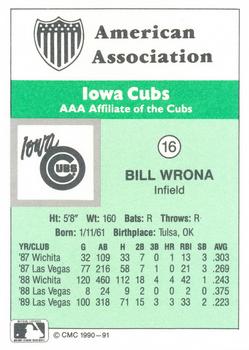 1990 CMC Iowa Cubs #16 Bill Wrona Back