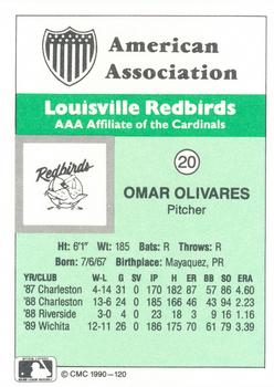 1990 CMC Louisville Redbirds #20 Omar Olivares Back