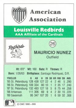 1990 CMC Louisville Redbirds #26 Mauricio Nunez Back