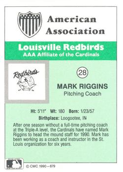 1990 CMC Louisville Redbirds #28 Mark Riggins Back