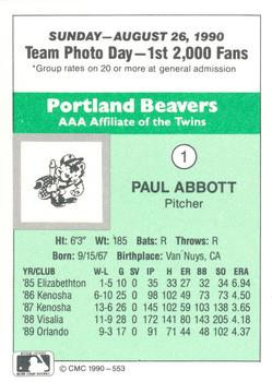 1990 CMC Portland Beavers #1 Paul Abbott Back