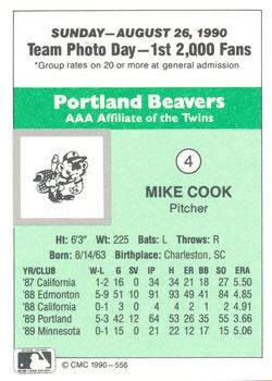 1990 CMC Portland Beavers #4 Mike Cook Back
