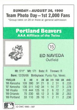 1990 CMC Portland Beavers #15 Ed Naveda Back