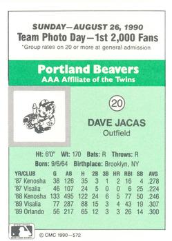 1990 CMC Portland Beavers #20 Dave Jacas Back