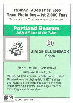 1990 CMC Portland Beavers #21 Jim Shellenback Back