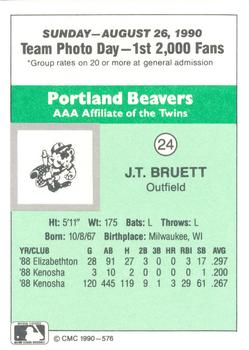 1990 CMC Portland Beavers #24 J.T. Bruett Back