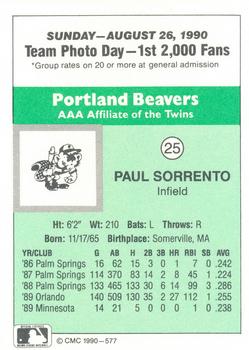 1990 CMC Portland Beavers #25 Paul Sorrento Back