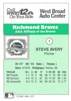 1990 CMC Richmond Braves #1 Steve Avery Back