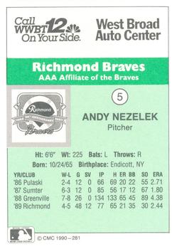 1990 CMC Richmond Braves #5 Andy Nezelek Back