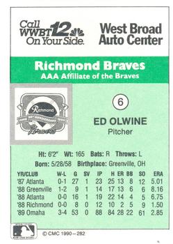1990 CMC Richmond Braves #6 Ed Olwine Back