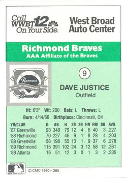 1990 CMC Richmond Braves #9 Dave Justice Back