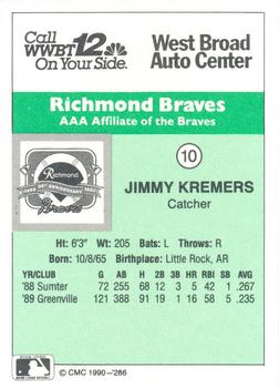 1990 CMC Richmond Braves #10 Jimmy Kremers Back