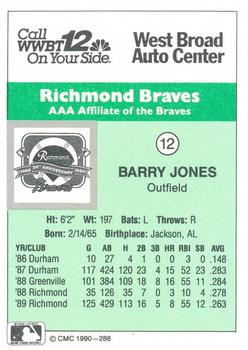 1990 CMC Richmond Braves #12 Barry Jones Back