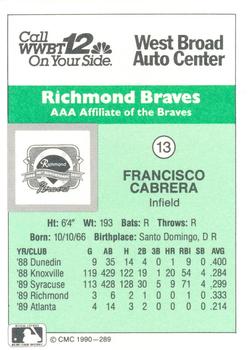 1990 CMC Richmond Braves #13 Francisco Cabrera Back